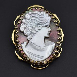 Carved shell lady cameo collar pin, accent 60s vintage jewelry